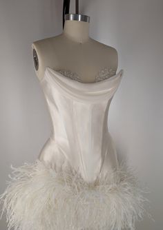 PRE-ORDER CUSTOM Bridal off White Pearl Silk Satin Draped Corset Ostrich Feathers Two Piece Top Mini Skirt Dress Wedding Reception - Etsy UK Corset Reception Wedding Dress, Cute White Birthday Outfits, White Silk Corset Dress, Feather Dress White, Bridal Corset Dress, Corset Pearl Wedding Dress, Reception Dress Feathers, Dresses With Corsets On Top, Draping Dress Ideas