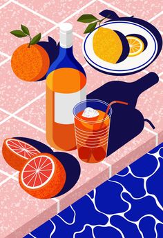 an illustration of oranges and drinks on a table with blue water in the background