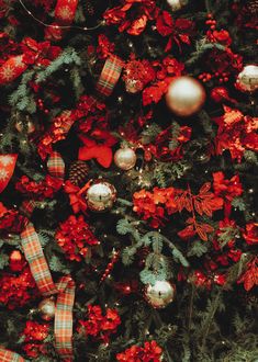 the christmas tree is decorated with red and silver ornaments, plaid bows and baubles