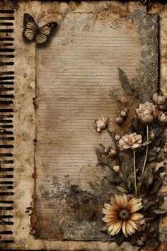 an old paper with flowers and a butterfly on it