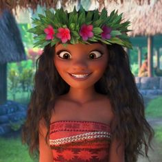 a woman wearing a flower crown in front of a tiki hut with grass and flowers on her head