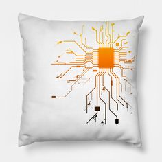 a white pillow with an orange printed circuit board design on the front and back side