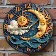 a clock on the side of a brick wall with an image of a sleeping moon and clouds