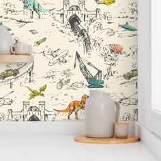 a kitchen wall with dinosaurs and other things painted on the wall, including a vase