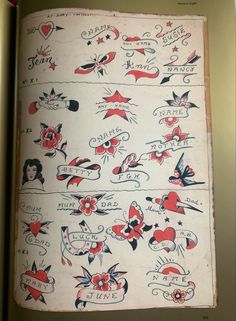 an old school tattoo book with lots of different designs on the pages, including hearts and arrows