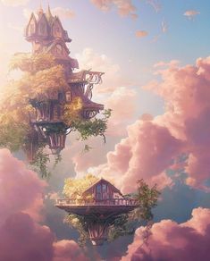 two floating houses in the sky with trees and clouds