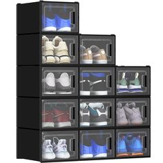 six clear storage bins filled with various pairs of shoes on top of each other