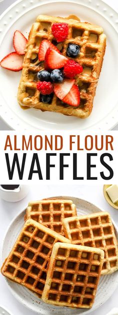 two waffles with fruit on top and the words almond flour waffles