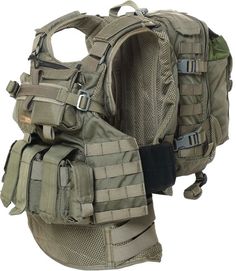 an army style backpack with multiple compartments on the front and back, attached to a shoulder strap