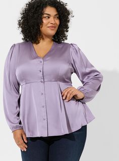 Satin Long Sleeve, Peplum Styles, Button Front Top, Couple Dancing, Purple Satin, Peplum Blouse, Purple Fashion, Empire Waist, Color Purple