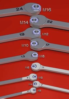 an image of different wrench sizes on a red background