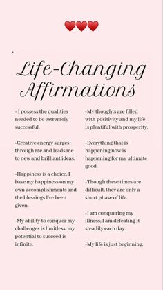 a pink poster with two hearts and the words life changing affirmations