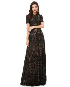 Buy Modest Formal Long Black Sparkly Sequins Prom Dress With Short Sleeves at wholesale price online. High quality custom-made service pro since 2009. Prom Dresses With Short Sleeves, Dresses With Short Sleeves, Sweep Train Prom Dress, Modest Prom, Prom Dresses With Pockets, Corset Dress Prom, Evening Dresses With Sleeves, Sequin Prom Dress, Lace Prom Dress