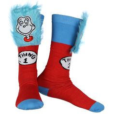 Step into the whimsical world of Dr. Seuss with our adorable Thing 1 and Thing 2 Knee-High Fuzzy Top Socks! Inspired by the mischievous duo from the beloved children's book, these socks are the great accessory for little ones who love to embrace their playful side. Crafted with care and attention to detail, these vibrant red knee-high socks feature one sock that reads "Thing1" and the other "Thing 2". The fuzzy tops add an extra touch of fun and comfort, making them ideal for keeping little feet Multicolor Novelty Socks For Stocking Stuffer, Novelty Multicolor Socks For Stocking Stuffers, Red Novelty Socks For Winter, Novelty Red Socks For Winter, Playful Fitted Winter Socks, Fun Round Toe Socks For Playtime, Playful Red Socks For Winter, Playful Red Winter Socks, Fun Character Design