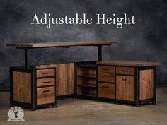 the desk is made out of wood and has two drawers on each side, with an adjustable height