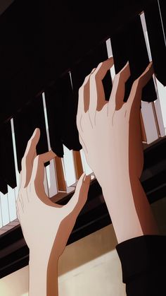 two hands reaching up into the air to touch piano keys