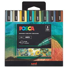 a box of assorted colored pens with the words poca on it and an image of