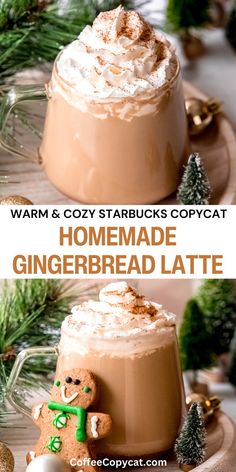 homemade gingerbread latte with whipped cream on top and topped with a teddy bear