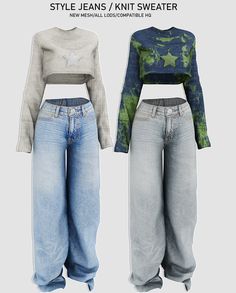 two different styles of jeans and sweaters with stars on the front, one in blue and