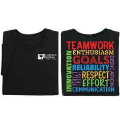 Teamwork Word Cloud Unisex Two-Sided Short-Sleeve T-Shirt - Silkscreened Personalization Available | Positive Promotions Company Tee Shirt Ideas, Teamwork T Shirt Design, Cheap Team-colored Tops With Team Logo, Casual T-shirt With Screen Print For Team Events, Team-colored T-shirt For Team Events, Cheap Logo Print T-shirt For Team Events, Affordable Customizable T-shirt For Team Events, Team Spirit T-shirt For Workout With Short Sleeves, Team Spirit Short Sleeve T-shirt With Text Print