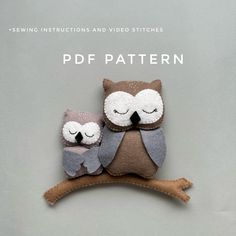 two owls sitting on top of a branch with the words sewing instructions and video stitches