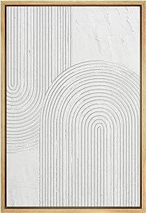 an abstract painting with lines and circles on the wall, in gold framed wood frame