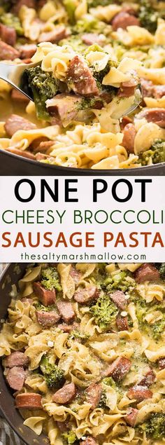 one pot cheesy broccoli sausage pasta in a skillet