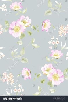 pink flowers and green leaves on a gray background seamless wallpaper with floral pattern