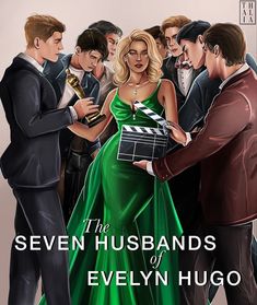 the seven husbands of evelyn hugo poster with two men in tuxedos and one woman in a green dress