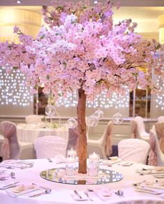 the centerpieces are decorated with pink flowers