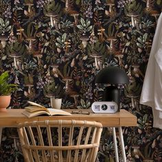 Vintage wallpaper featuring a mystic forest with mushrooms at midnight Dramatic Bedroom, Botanical Bathroom, Mushroom Wallpaper, Cozy Den, Garden Print, Botanical Wallpaper, Unique Wallpaper, Wallpaper Paste, Nature Wallpaper