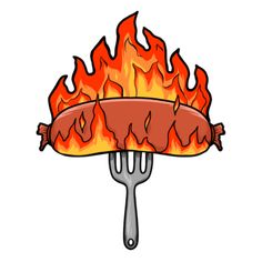 a hot dog on a fork with flames coming out of the top and bottom portion