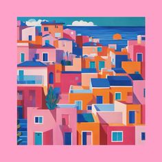 an abstract painting of colorful buildings and the ocean in pink, orange and blue colors