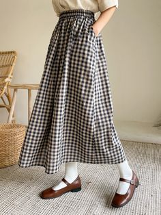 Multicolor Preppy   Polyester Gingham Flared Embellished Non-Stretch  Women Bottoms Long Gingham Skirt, Cotton Gingham Skirt, Gingham Maxi Skirt, Casual Gingham Cotton Skirt, Casual Gingham Gathered Skirt, Spring Gingham Gathered Skirt, Gingham Skirt Outfit, Minimalism Outfit, Retro Gingham Cotton Skirt