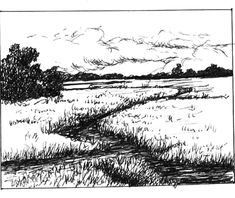 a black and white drawing of a field