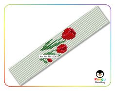 a cross stitch bracelet with red flowers on the front and bottom, along with a white background