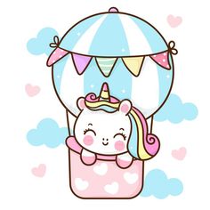 cute kawaia unicorn in a hot air balloon