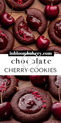 chocolate cherry cookies with red sprinkles and cherries in the middle on a wooden table