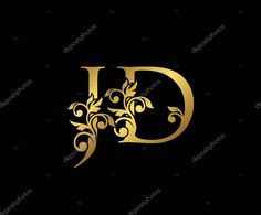 the letter d is decorated with flowers and leaves in gold color on a black background