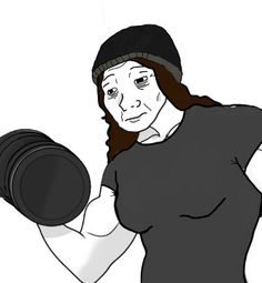 a drawing of a woman holding a black object in one hand and wearing a beanie on the other