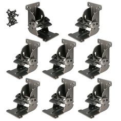 six black metal brackets with screws on each side