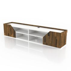 a white and wood entertainment center with two open shelves on one side, the other half closed