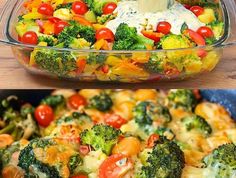 broccoli, tomatoes, and other vegetables in a casserole dish