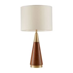 a table lamp with a wooden base and white lampshade on the bottom side