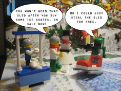 two legos with speech bubbles above them on a table