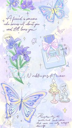 an image of butterflies and flowers on a blue background with the words, i love you