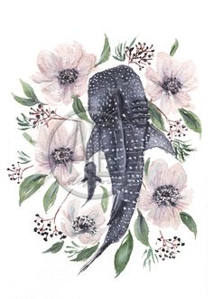 a drawing of a whale surrounded by flowers