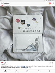 a card with an image of a person sitting on a bed next to the caption he wrote there she was not ready to read