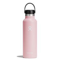 a pink water bottle with a black lid and handle on the side, sitting in front of a white background