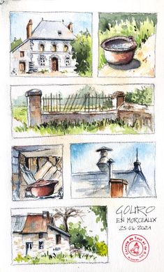 four different views of houses and gardens in watercolor on paper, with the words gourre de morcalix written below